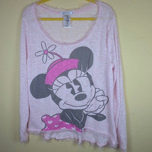Disney Parks Tops - Disney Parks Minnie Mouse Pink Eyelash Fringe Long Sleeve Graphic Top XL sheer